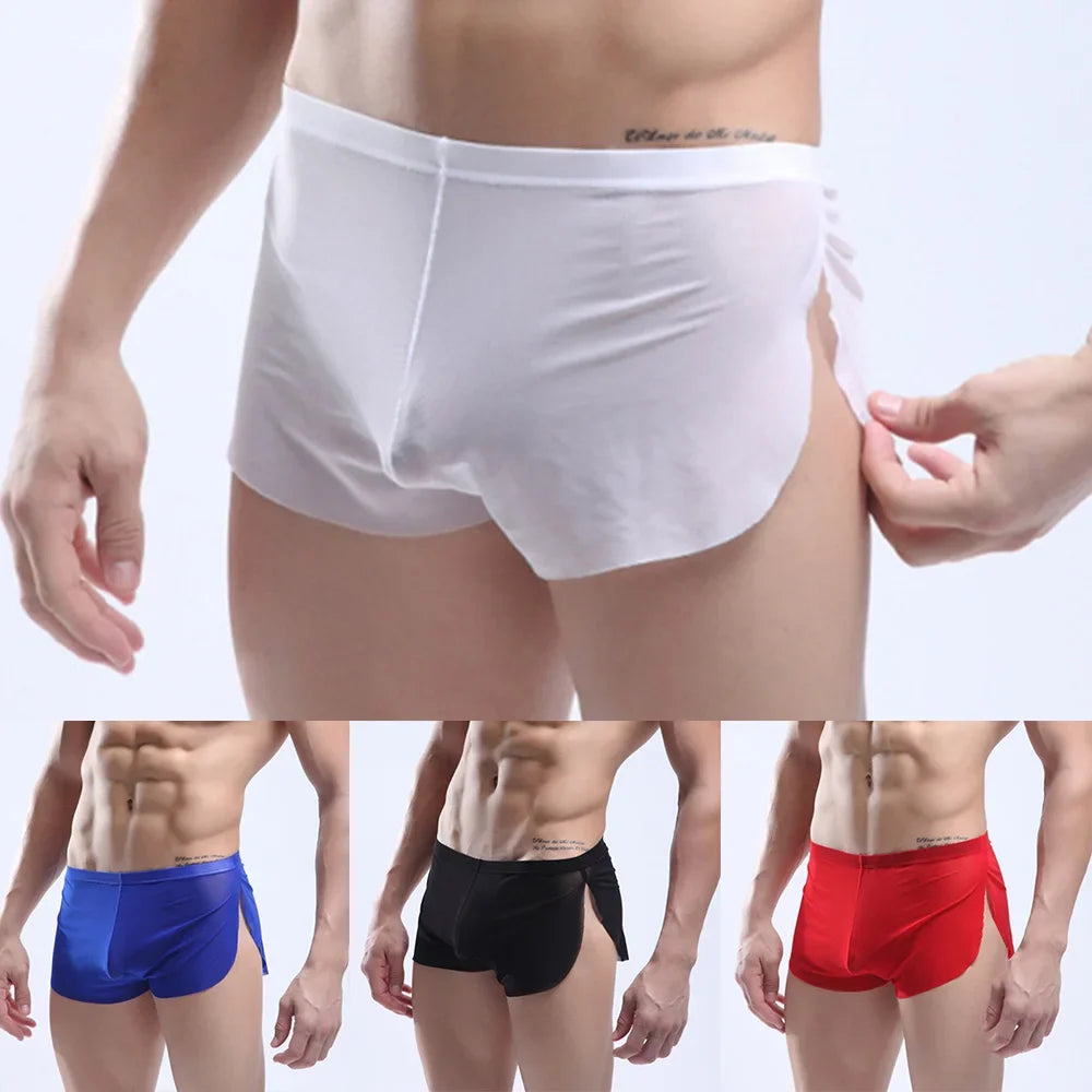 Mens Sexy Underwear Wet Look Lingerie Breathable Pouch Boxer Shorts Side Split Trunks Quick Dry Underpants Ultra Thin Panties
