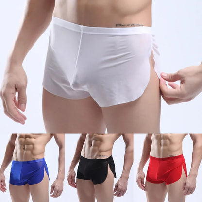 Mens Sexy Underwear Wet Look Lingerie Breathable Pouch Boxer Shorts Side Split Trunks Quick Dry Underpants Ultra Thin Panties