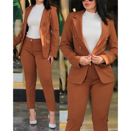 Office Lady 2 Pieces Blazer Set Ladies 2024 Elegant Pant Suit Women Chic Trousers Suit Casual Long Sleeve Jacket High Waist Pant