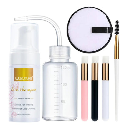 Lash Extension Shampoo 100ml Women Foam Mousse Eyelash Rinse Bottle Lashes Shampoo and Makeup Remover Pads with Brush 7pcs/Set