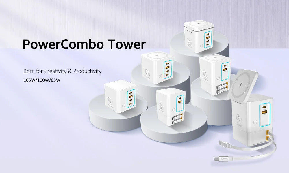 6-in-1 105W Charging Station with Retractable USB-C Cable Power Combo Tower for Multiple Devices Fast Charger for iPhone, Airpod