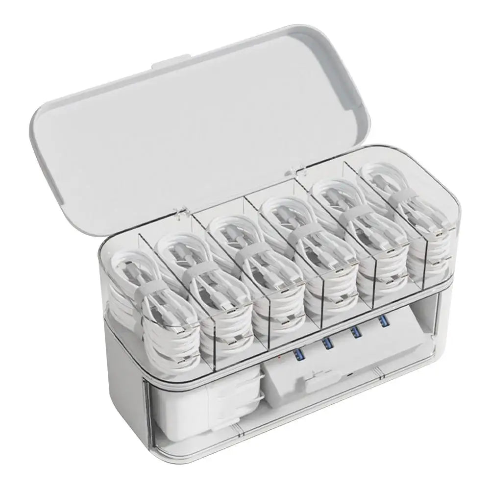 Cable Organizer Box Clear Cord Storage Organizer Cable Management Box with Compartments Charger Wires Case for Drawer Desk