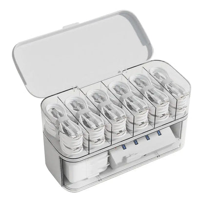 Cable Organizer Box Clear Cord Storage Organizer Cable Management Box with Compartments Charger Wires Case for Drawer Desk