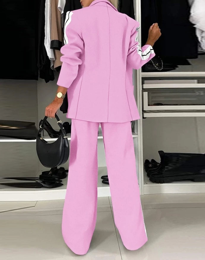 Women's Fashion Suits Autumn Winter Latest 2025 Striped Side Sporty Tape Notched Collar Front Button Blazer Wide-Leg Pants  Set