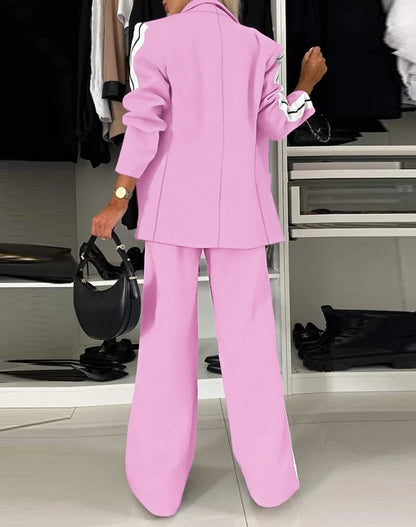 Women's Fashion Suits Autumn Winter Latest 2025 Striped Side Sporty Tape Notched Collar Front Button Blazer Wide-Leg Pants  Set