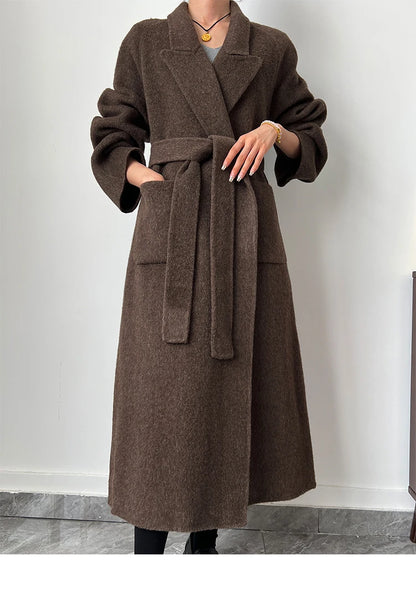 Office Lady Woolen Jackets 2024 Autumn And Winter Bathrobe Style Pocket Double-Sided Loose Lace -Up Tie Women's Long Wool Coats