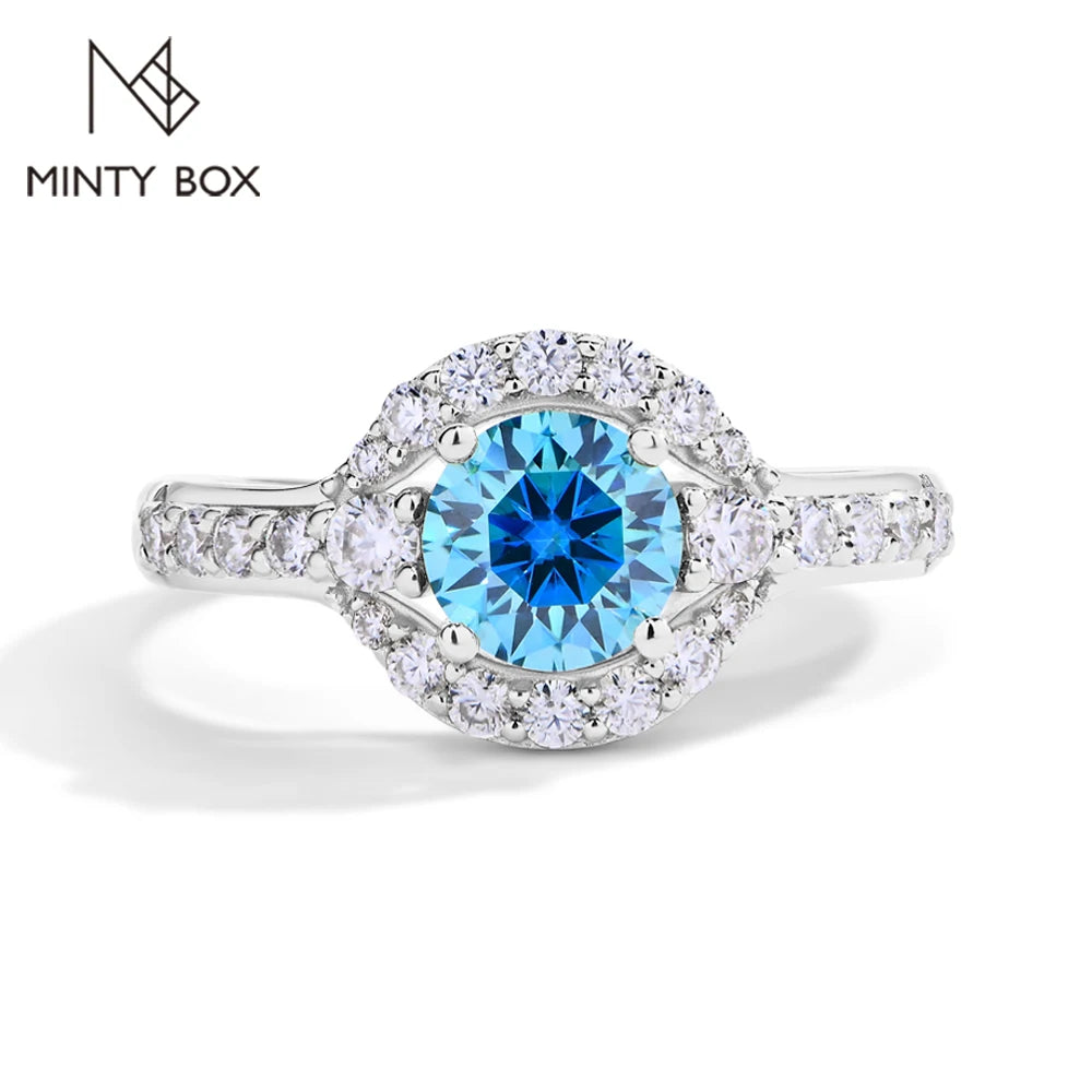 MINTYBOX 1.0ct Color Blue Moissanite Ring S925 Silver D VVS1 Lab Grown Diamond Halo Engagement Rings For Women Wedding Jewelry
