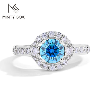 MINTYBOX 1.0ct Color Blue Moissanite Ring S925 Silver D VVS1 Lab Grown Diamond Halo Engagement Rings For Women Wedding Jewelry