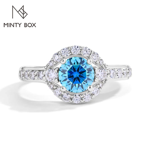 MINTYBOX 1.0ct Color Blue Moissanite Ring S925 Silver D VVS1 Lab Grown Diamond Halo Engagement Rings For Women Wedding Jewelry