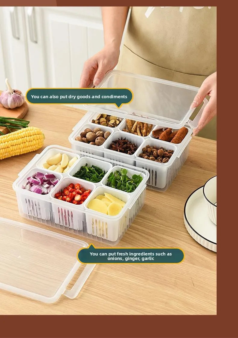 Six Grid Refrigerator Crisper Storage Containers Fridge Fresh Vegetable Fruit Boxes Drain Basket Kitchen Organizer Tools