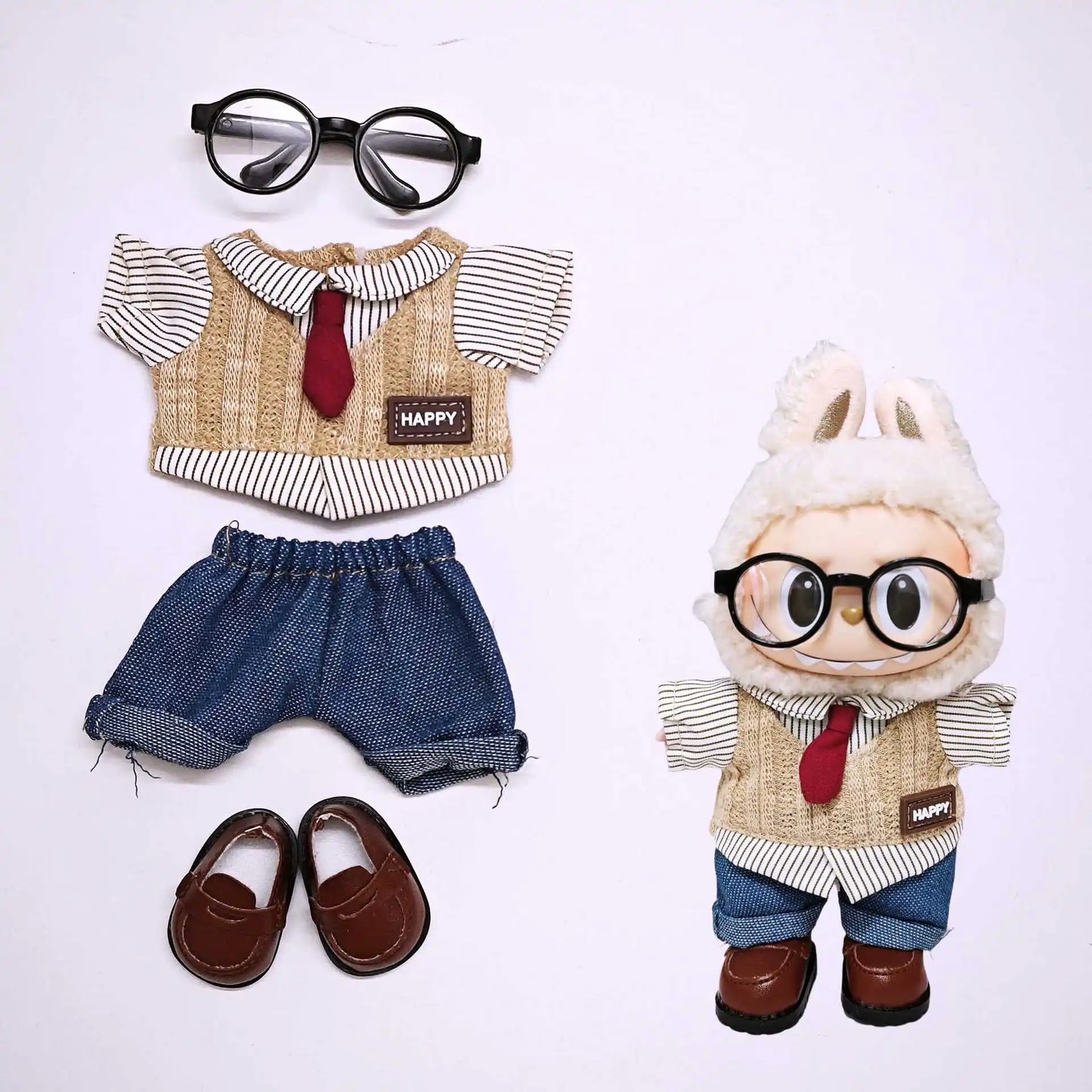 Labubu Doll Clothes Set, Purely Handmade, Literary, Gentle, Doll Clothes,Shirt,Vest,Leather Shoes,Glasses,Exquisite,High Quality