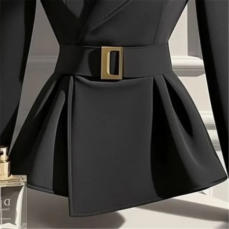 New High End Fashion Suit Jacket Women Office Lady Elegant Long Sleeve Coat Slim Waist Belt Irregular Hem Office Lady Outwear