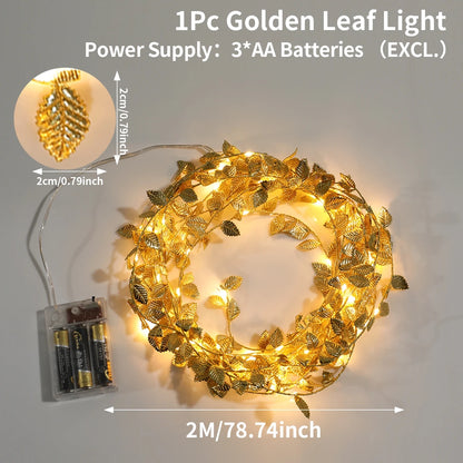 LED Golden Leaves String Light Battery-operated Garland For Living Room Bedroom Party Wedding New Year Birthday Party Decoration