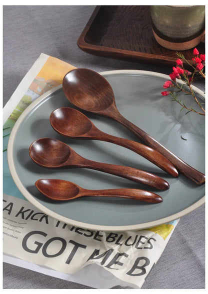 Japanese Wooden Spoon Long Handle Ramen Spoon Baby Eating Spoon Drinking Porridge Spoon Household Wood Tableware Round Spoon