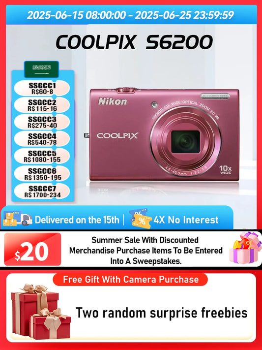 Nikon COOLPIX S6000 S6100 S6200 Portable Small Card Digital Camera 10X Optical Zoom Lens 16.00MP 720P HD Video Cameras（Used）