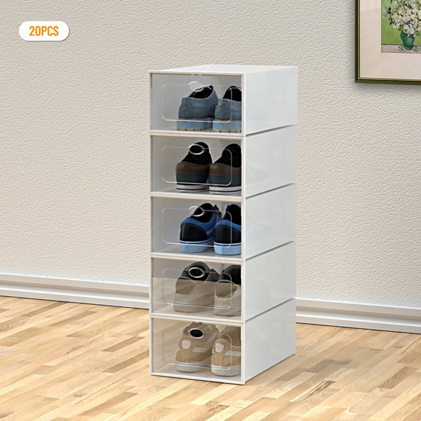 20Pcs Foldable Shoe Storage Boxes with Lids Transparent Stackable Containers Drawer Style PP Plastic Shoe Organizers