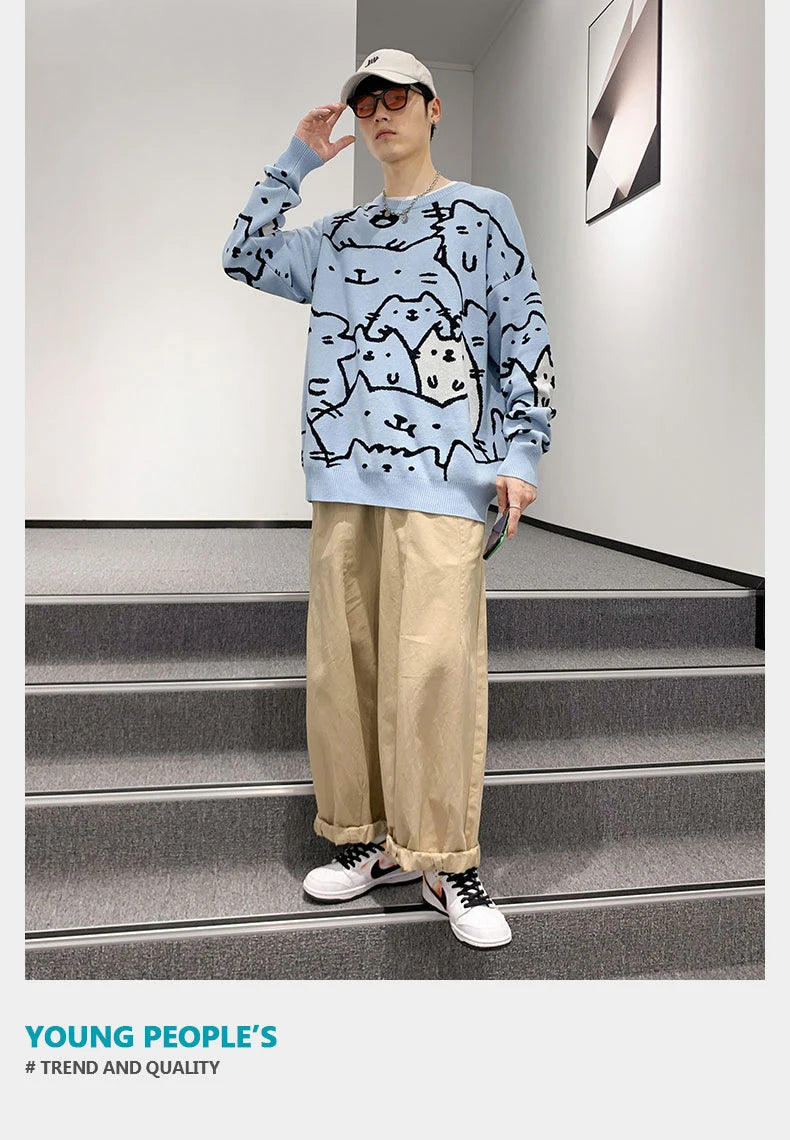 Autumn Cotton Anime Sweaters Men Retro Harajuku Vintage Oversized Sweaters Loose Cute Cartoon Cat Pullovers Homme Men Clothing
