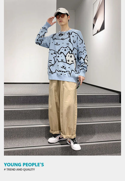 Autumn Cotton Anime Sweaters Men Retro Harajuku Vintage Oversized Sweaters Loose Cute Cartoon Cat Pullovers Homme Men Clothing