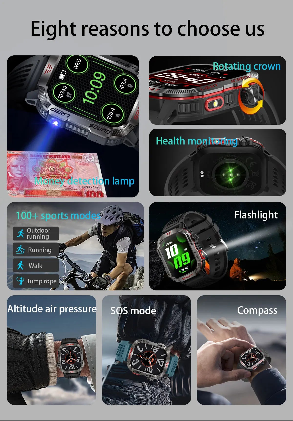 2024 New Durable Military Smart Watch Bluetooth Call Outdoor Sports Track Tracker Men's and Women's Smartwatches LED Flashlight