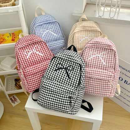 Cute Bowknot Plaid School Backpack Lightweight School Bag Nylon Student Rucksack for Girls Women High School College Work