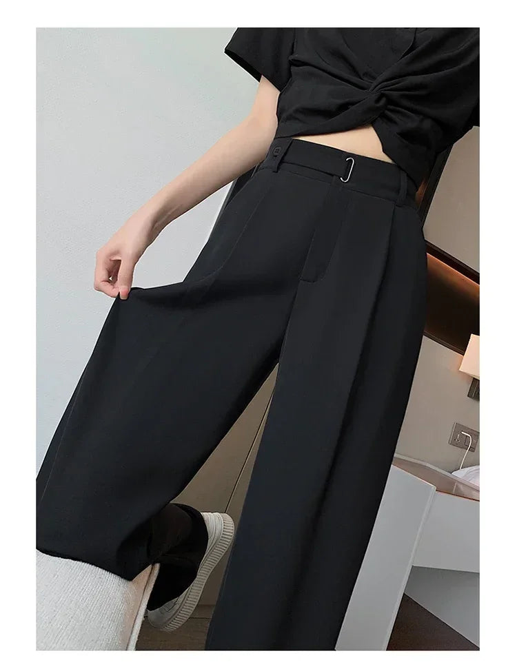 Office Ladies Casual Suit Wide Leg Pants Women Elegant 2025 Spring Summer Fashion Solid Color High Waist Loose Outwear Trousers