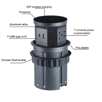 Tempered Glass Top Kitchen Counter Smart Pop Up Socket Push Button 4 Sides Electrical Socket with Usb Type-c Charger