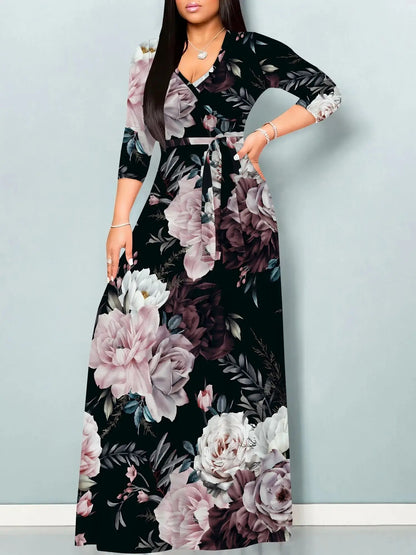 Women's Plus Size Maxi Dresses 3/4 Sleeves Bohemian Long Dress Printed Swing Dress with Belt