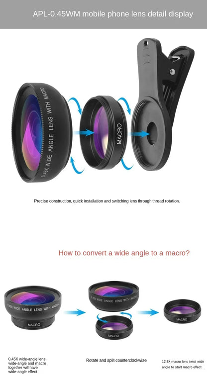 Phone Lens Kit 0.45x Super Wide Angle & 12.5x Super Macro Lens HD Camera Lentes for IPhone 6S 7 Xiaomi
