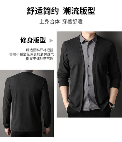 Men's Fake Two Piece Shirt Collar Knitted Cardigan Long Sleeve Shirt Man High Street Fake Two Pieces Button All-match Cardigan