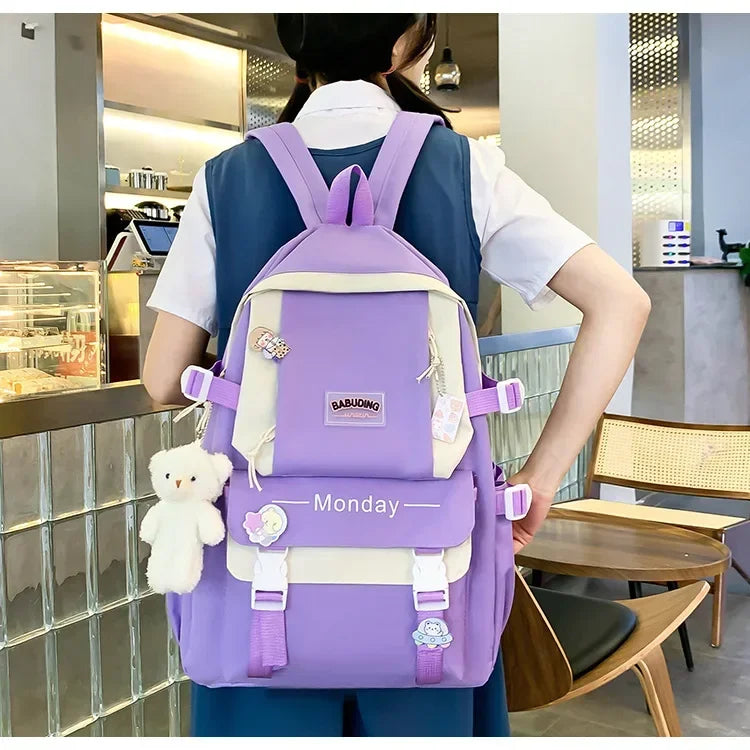 4 Set Korean High School Junior High School Elementary School Student Forest Style Versatile Backpack with Large Capacity Colors