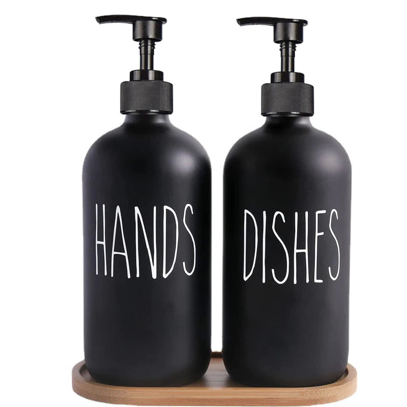 Set Plastic Home Kitchen Dish Soap Dispenser Bathroom Shampoo Lotions 500ml Lotions Empty Bottles Wooden Tray