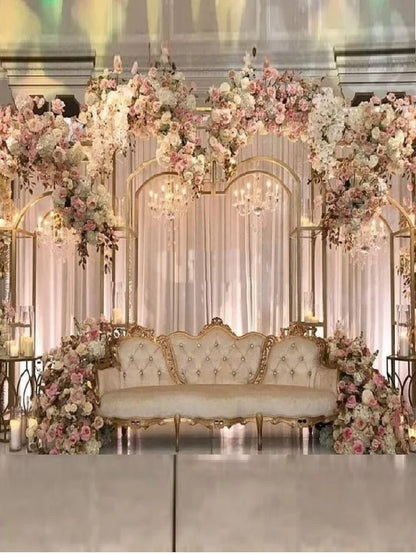 Shiny Gold-Plated Square Screen Backdrop Shelf, Wedding Arch, Geometric Flower, Door Stand, Artificial Flor, 2.2m, 3Pcs