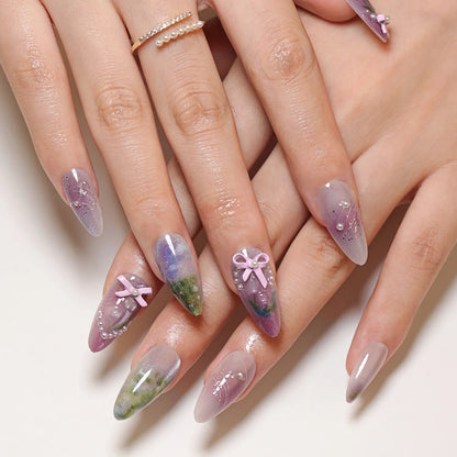 White French Short Press on Nails 3D Bowknot Designs Nude Color Fake Nails Artificial False Nails Tips for Woman DIY Manicure