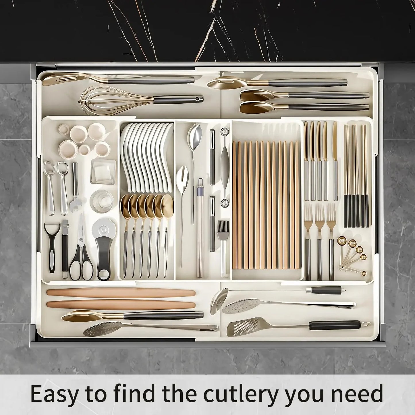 Drawer Organizer, Cutlery Tray for Kitchen Drawer, Expandable Utensil with Compartment, Spoons Forks Knives Cutlery Holder