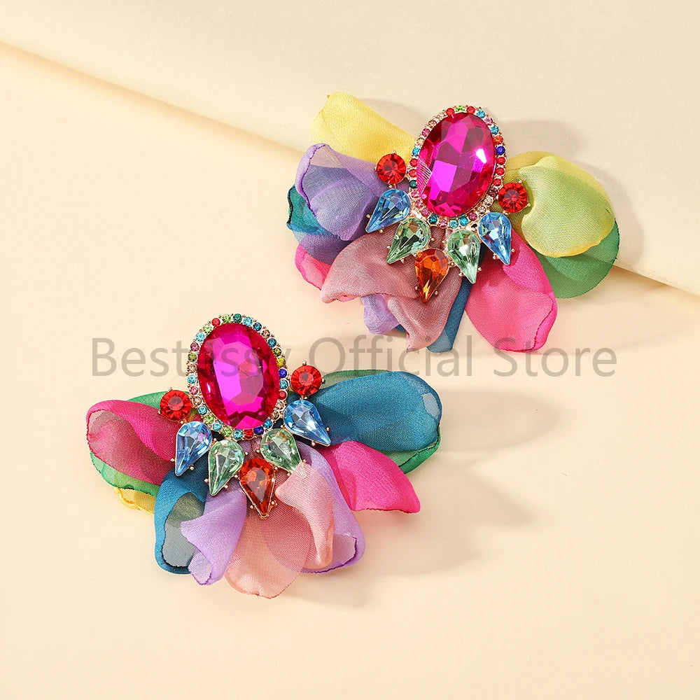 Bohemian Fabric Flower Earrings for Women Imitation Gemstone Floral Large Earrings Party Prom Beach Vacation Jewelry Accessories