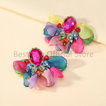 Bohemian Fabric Flower Earrings for Women Imitation Gemstone Floral Large Earrings Party Prom Beach Vacation Jewelry Accessories