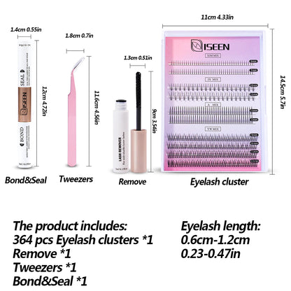 364pcs Diy Lash Extension Kit Individual Lashes Kit Cluster Lashes with Lash Bond and Seal Lash Glue Remover and Lash Applicator