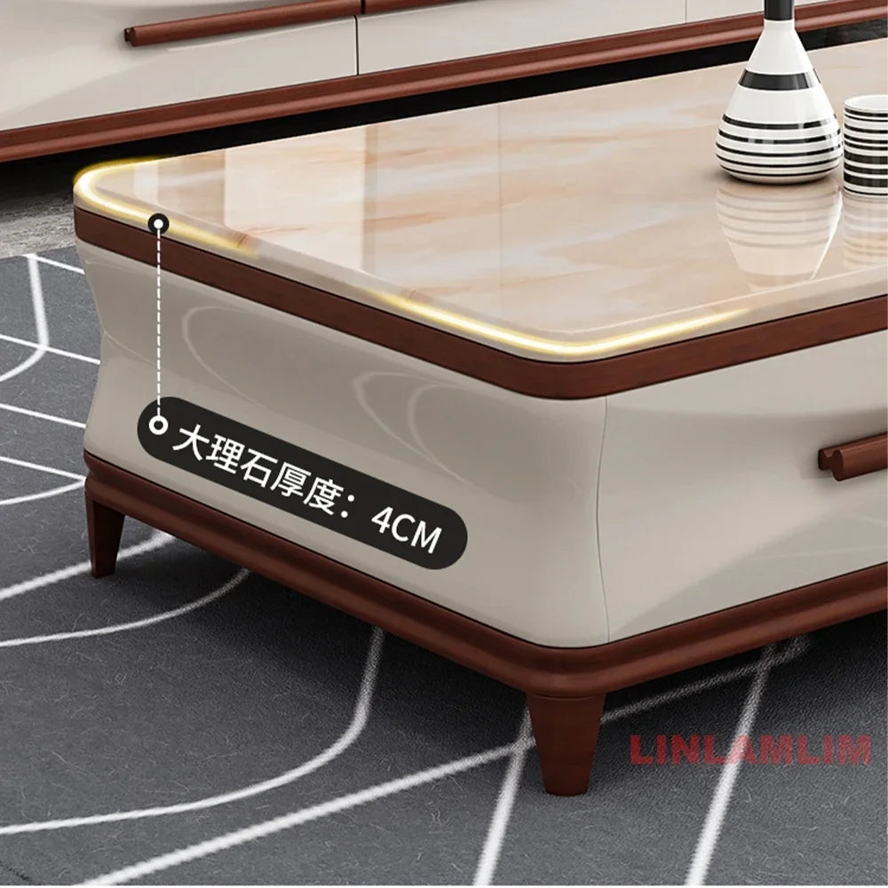 Linlamlim Modern Luxury Living Room Furniture - Coffee Table, TV Stand, and Side Cabinets with Marble Finish and Wooden Accents