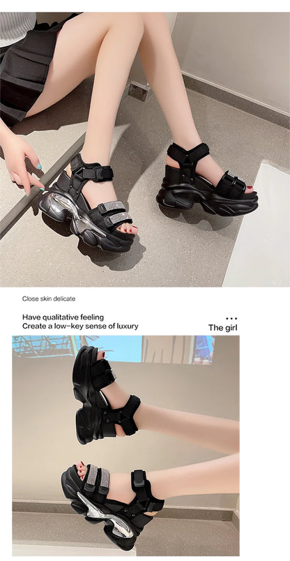 Summer High Platform Women Sandals Buckle 10CM Wedges Bling Shoes Fashion 2023 Outside Chunky Sandals Beach Casual Slides Woman