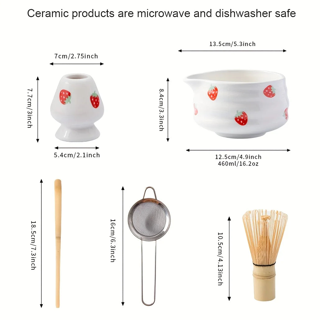 1/3/4/5pcs cute strawberry mouth matcha bowl and matcha whisk set, Japanese fresh matcha tool set and matcha bowl