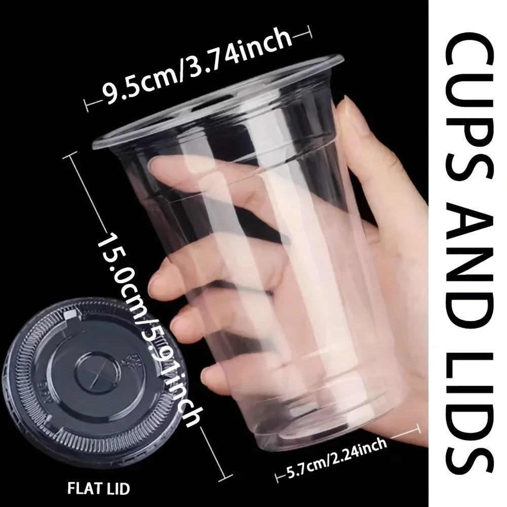 50pcs/Set 12/16OZ Plastic Cups With Lids Disposable Cups For Iced Coffee Smoothie Milkshake Cold Drinks Birthday Party Supplies