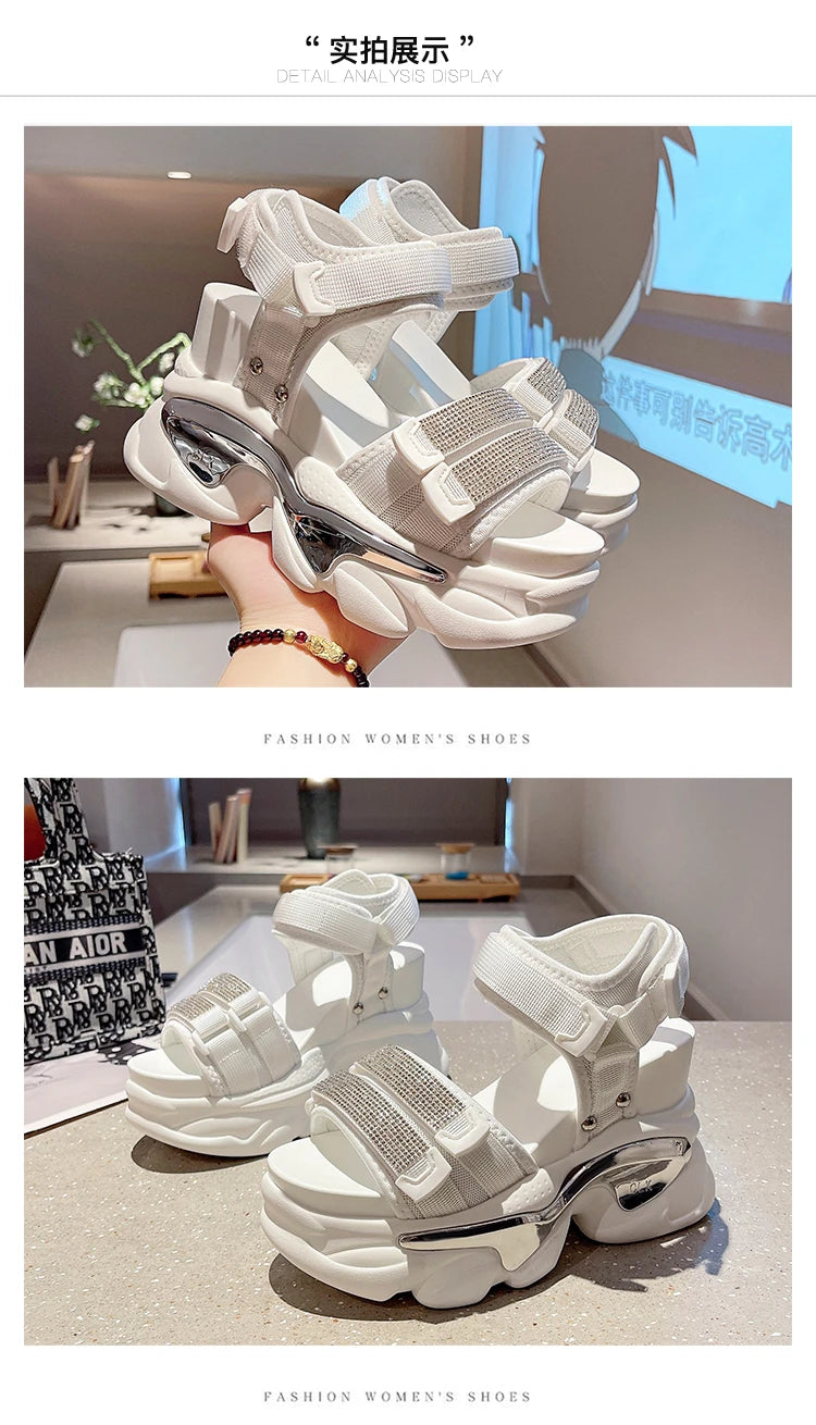 Summer High Platform Women Sandals Buckle 10CM Wedges Bling Shoes Fashion 2023 Outside Chunky Sandals Beach Casual Slides Woman