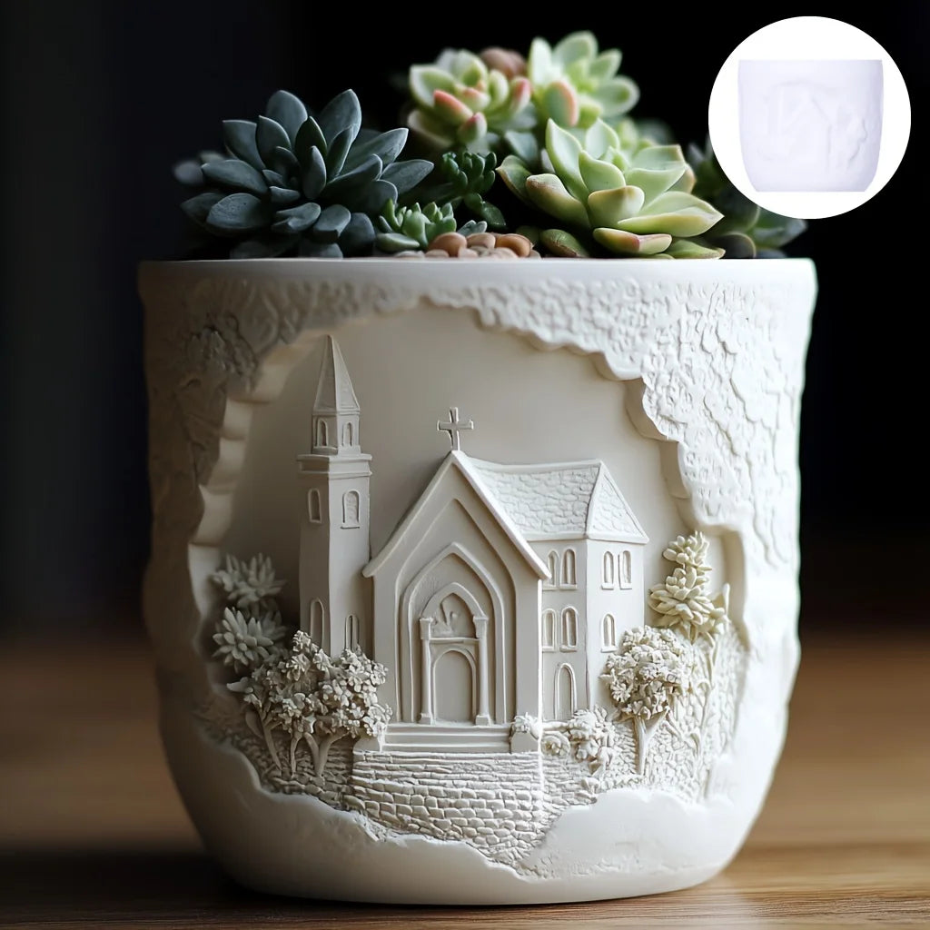 Church relief succulent plant flowerpot resin silicone mold house church storage box mold tower church cross relief gypsum molds