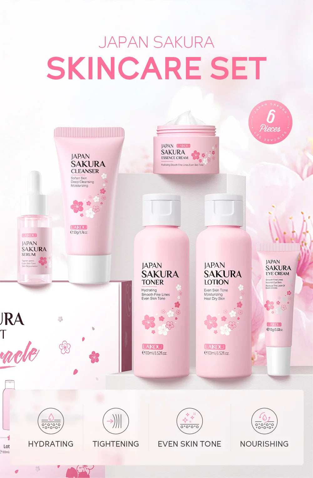 LAIKOU Sakura Skin Care Sets Facial Cleanser Eye Creams Face Cream Serum Lotion Toner Brightening Moisturizing Face Care Kit