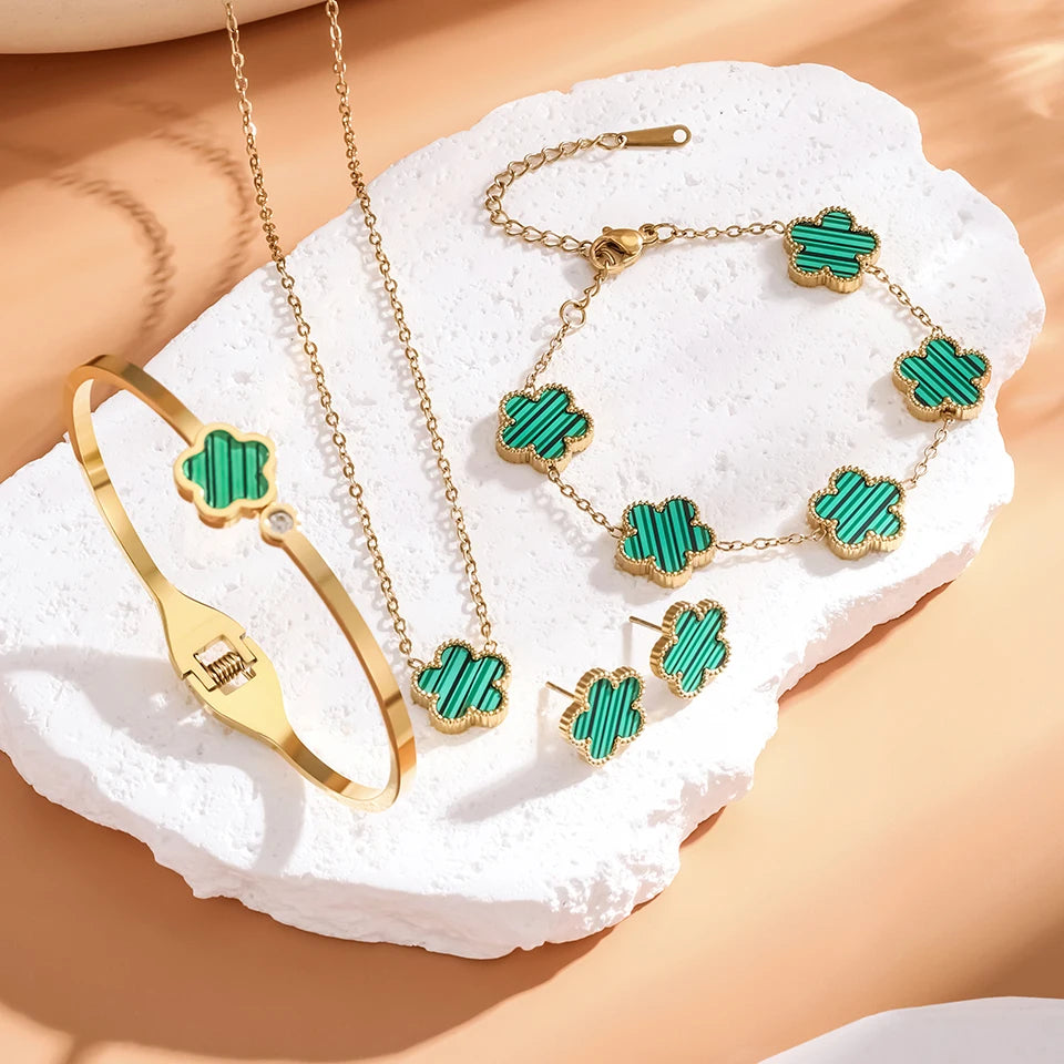 3Pcs Stainless Steel 316L Luxury Plum Blossom Plant Five Leaf Flower Necklace Earrings Bracelet For Women Gift Jewelry Sets