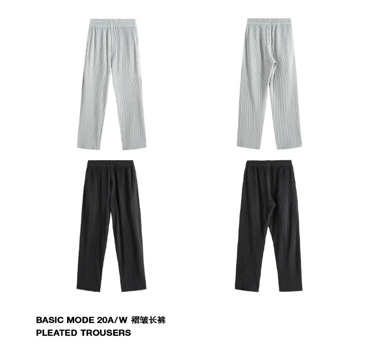 Summer Pleated Pants Men Fashion Gray Black Casual Pants Men Japanese Streetwear Loose Straight Ice Silk Pants Mens Trousers