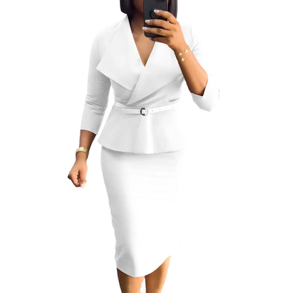 Elegant Office Dresses for Woman V Neck Full Sleeve Belt Waisted Sheath Package Hips Mid Calf Formal Business Work Wear Gowns OL