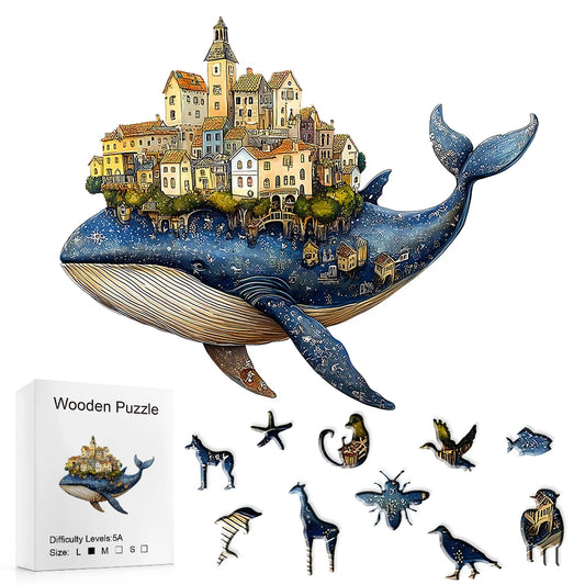 Artisan Whale Castle Wooden Puzzle – Handcrafted Animal Village, Intermediate Challenge & Marine Wall Art – Portable Family Game