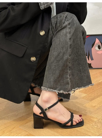 Sandals, 2025 Summer New Fashion Gentle Retro Chunky Non-slip Sandals, A Line with 5cm High Heels Summer Beach Sandals