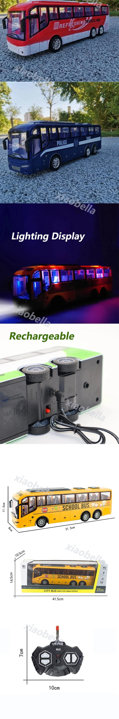 1:30 RC City Bus High Speed Racing Model RC Car School Bus Police Bus Tour Bus Realistic Beaming Lights Rubber Tires Toys Boys